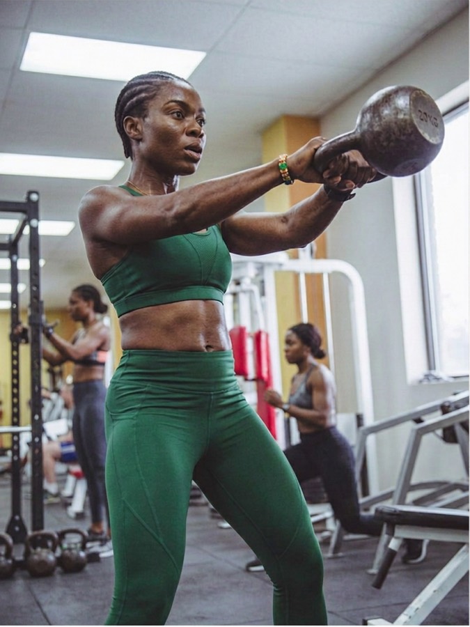A woman mid-swing with a kettlebell in a busy gym