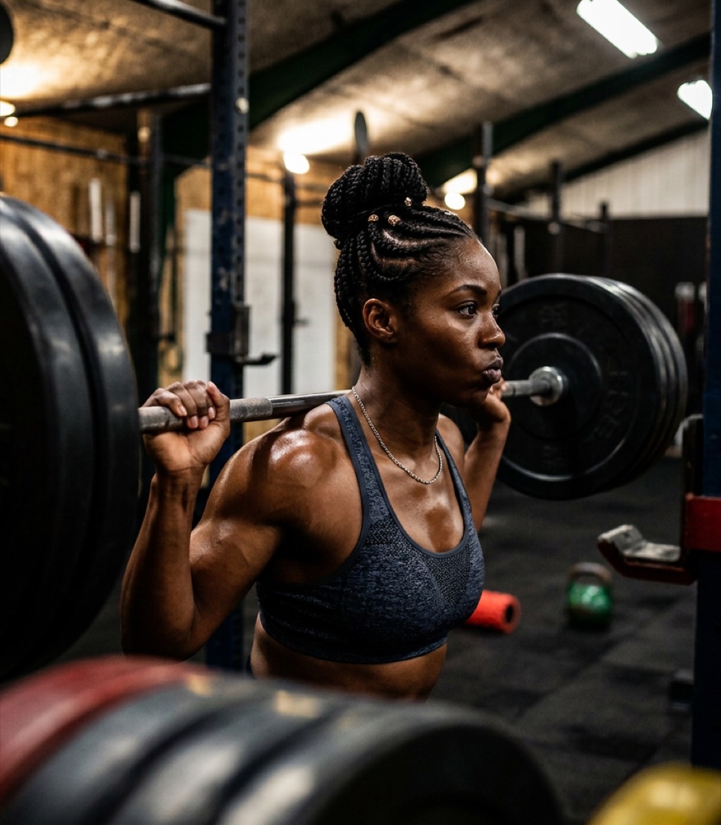 A woman lifting a loaded barbell across her shoulders in a gym
